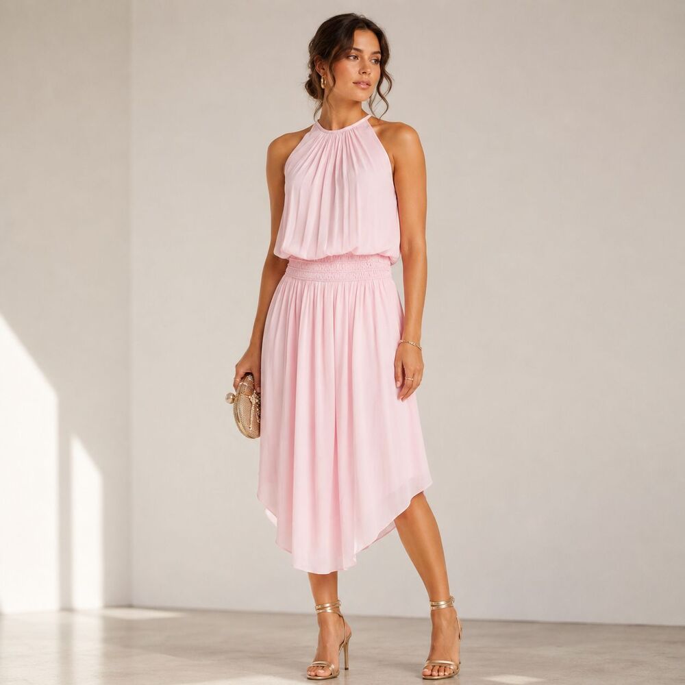 RAMY BROOK NEW YORK Women's SMALL Midi Dress Pink Smocked Waist High Low